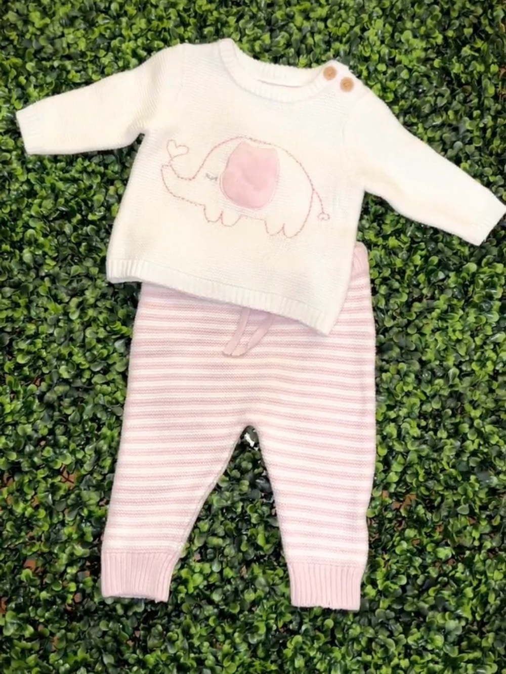 Baby Knit Elephant Sweater Set White & Light Pink